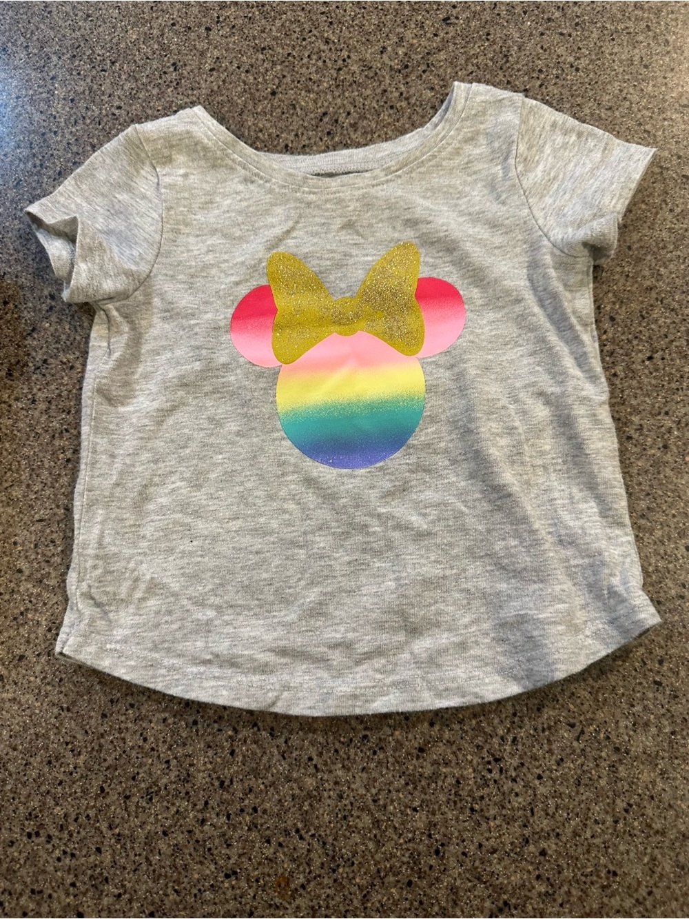 Disney Girls Gray Tee with Rainbow Minnie Silhouette and Gold Glitter Bow